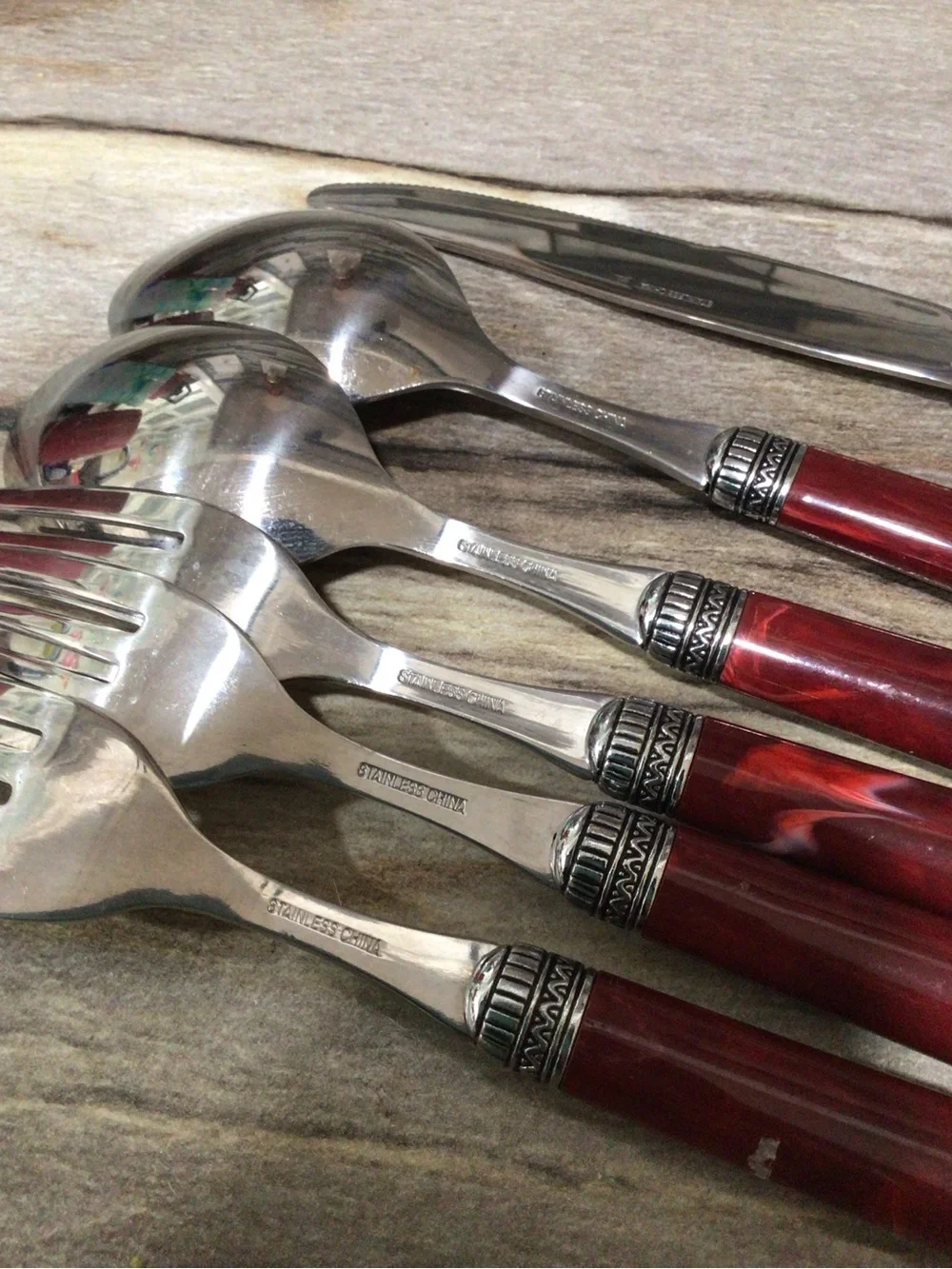 Red Marbled Acrylic Handle Flatware Set Stainless Steel Ornate 6 Piece